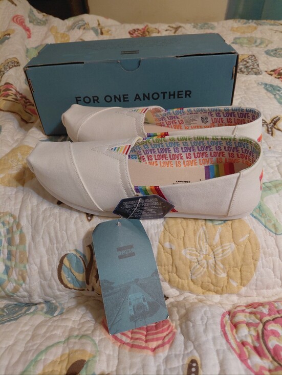 Toms Shoes - Brand New Toms Women Alpargata White Canvas/Rainbow Webbing. Size 7.5.